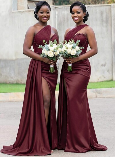 Trumpet/Mermaid Asymmetrical Sweep Train Charmeuse Bridesmaid Dresses With Rhinestone/High Split