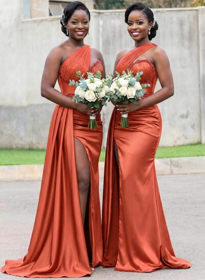 Trumpet/Mermaid Asymmetrical Sweep Train Charmeuse Bridesmaid Dresses With Rhinestone/High Split