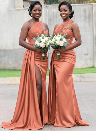 Trumpet/Mermaid Asymmetrical Sweep Train Charmeuse Bridesmaid Dresses With Rhinestone/High Split