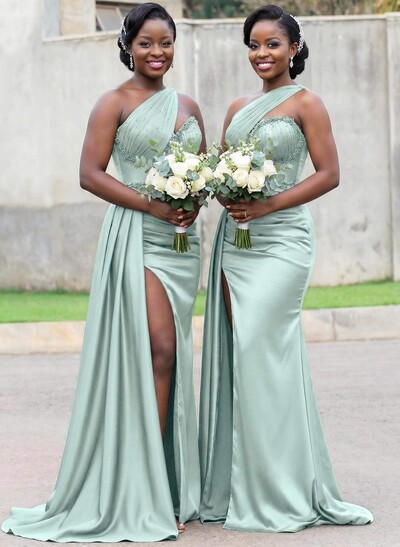 Trumpet/Mermaid Asymmetrical Sweep Train Charmeuse Bridesmaid Dresses With Rhinestone/High Split