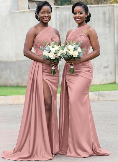 Trumpet/Mermaid Asymmetrical Sweep Train Charmeuse Bridesmaid Dresses With Rhinestone/High Split