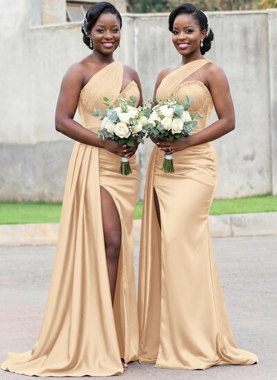 Trumpet/Mermaid Asymmetrical Sweep Train Charmeuse Bridesmaid Dresses With Rhinestone/High Split