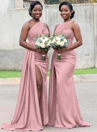 Trumpet/Mermaid Asymmetrical Sweep Train Charmeuse Bridesmaid Dresses With Rhinestone/High Split