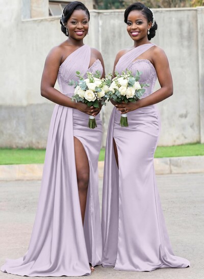 Trumpet/Mermaid Asymmetrical Sweep Train Charmeuse Bridesmaid Dresses With Rhinestone/High Split