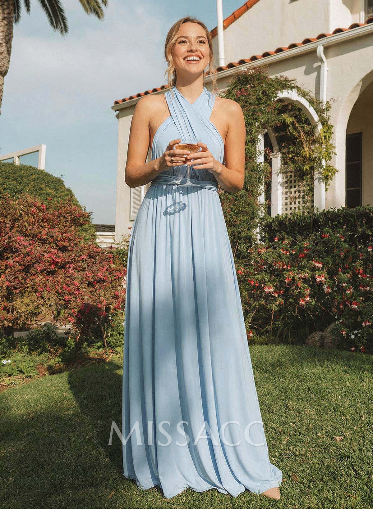 A-Line Halter Sleeveless Floor-Length Jersey(High-Stretch) Multiway Infinity Dress With Back Hole