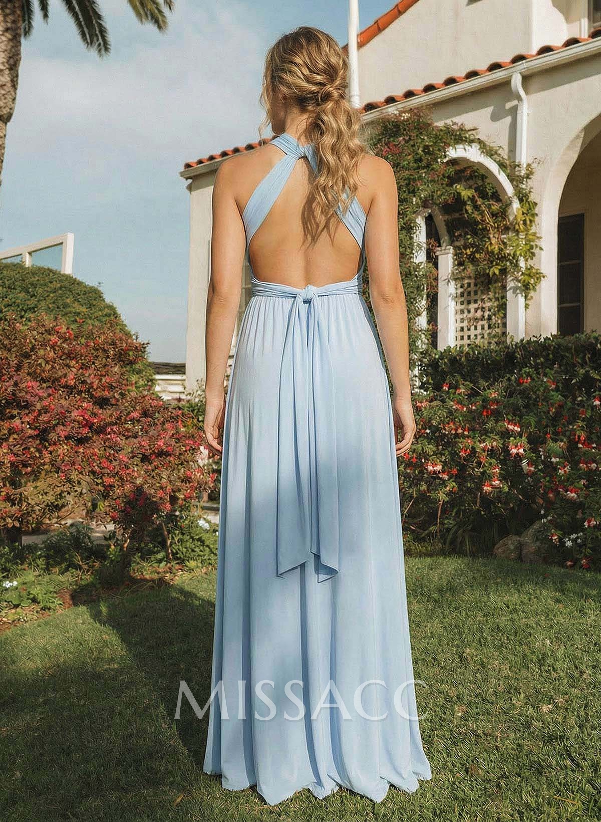 A-Line Halter Sleeveless Floor-Length Jersey(High-Stretch) Multiway Infinity Dress With Back Hole