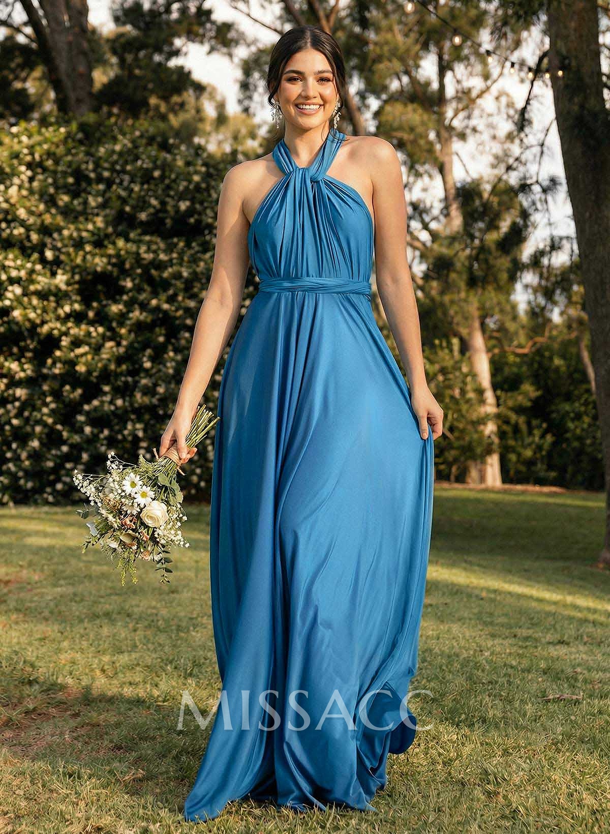 Halter Sleeveless Floor-Length Jersey(High-Stretch) Multiway Infinity Dress With Back Hole
