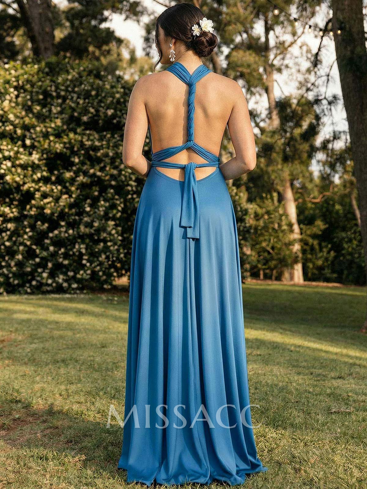 Halter Sleeveless Floor-Length Jersey(High-Stretch) Multiway Infinity Dress With Back Hole