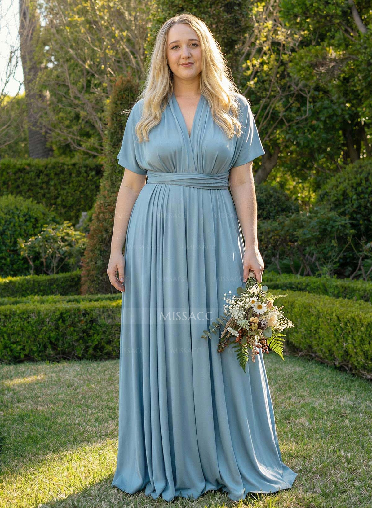 V-Neck Cape Sleeves Floor-Length Jersey(High-Stretch) Multiway Infinity Dress