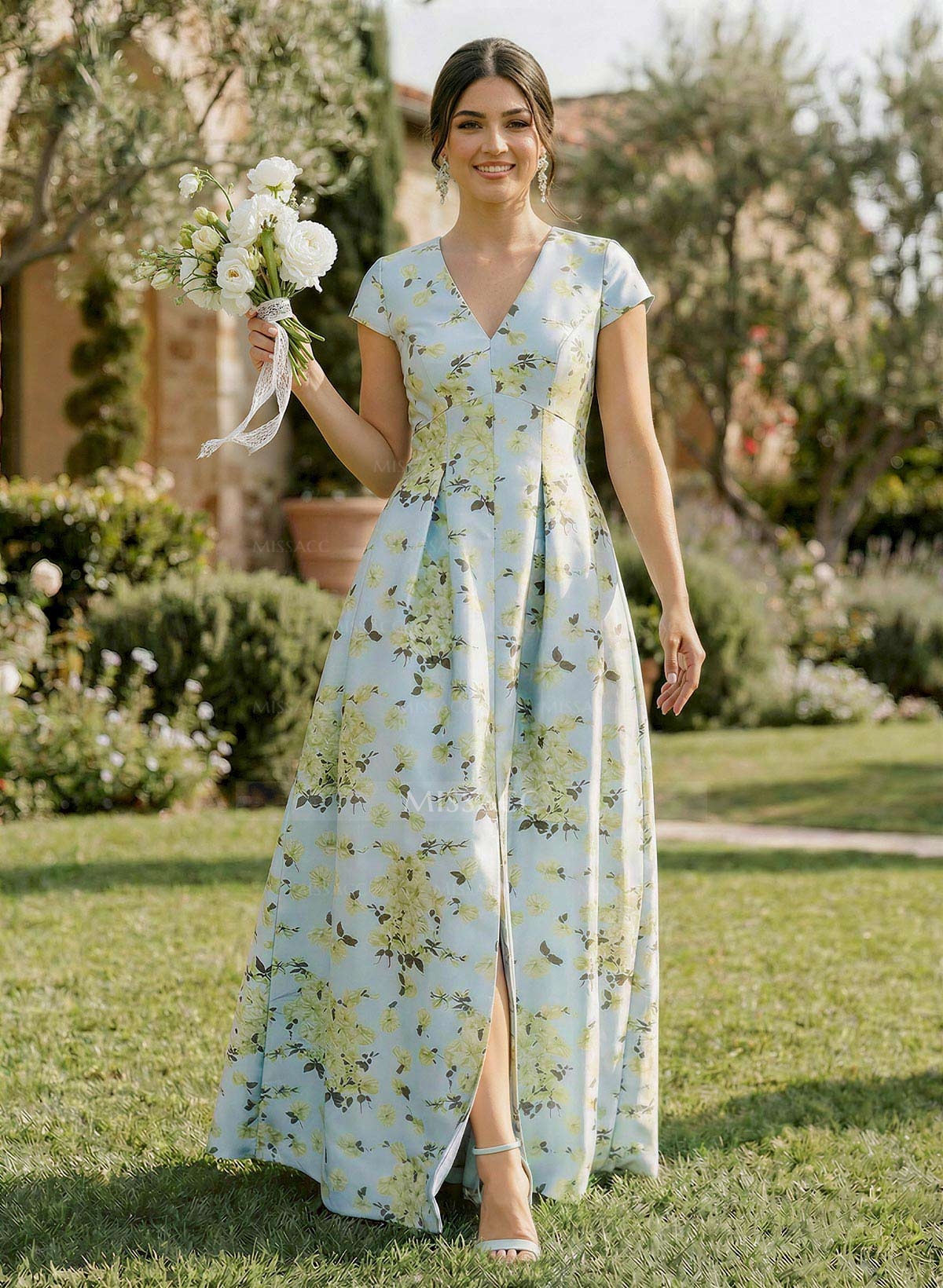 A-Line Plunge Neck Sleeveless Floor-Length Satin Bridesmaid Dresses