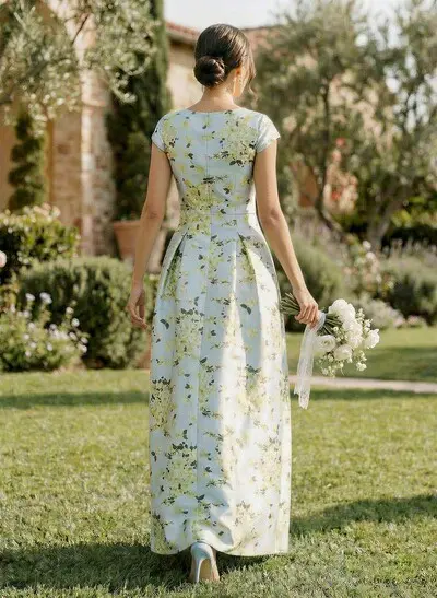 A-Line Plunge Neck Sleeveless Floor-Length Satin Evening Dresses With Floral-Print