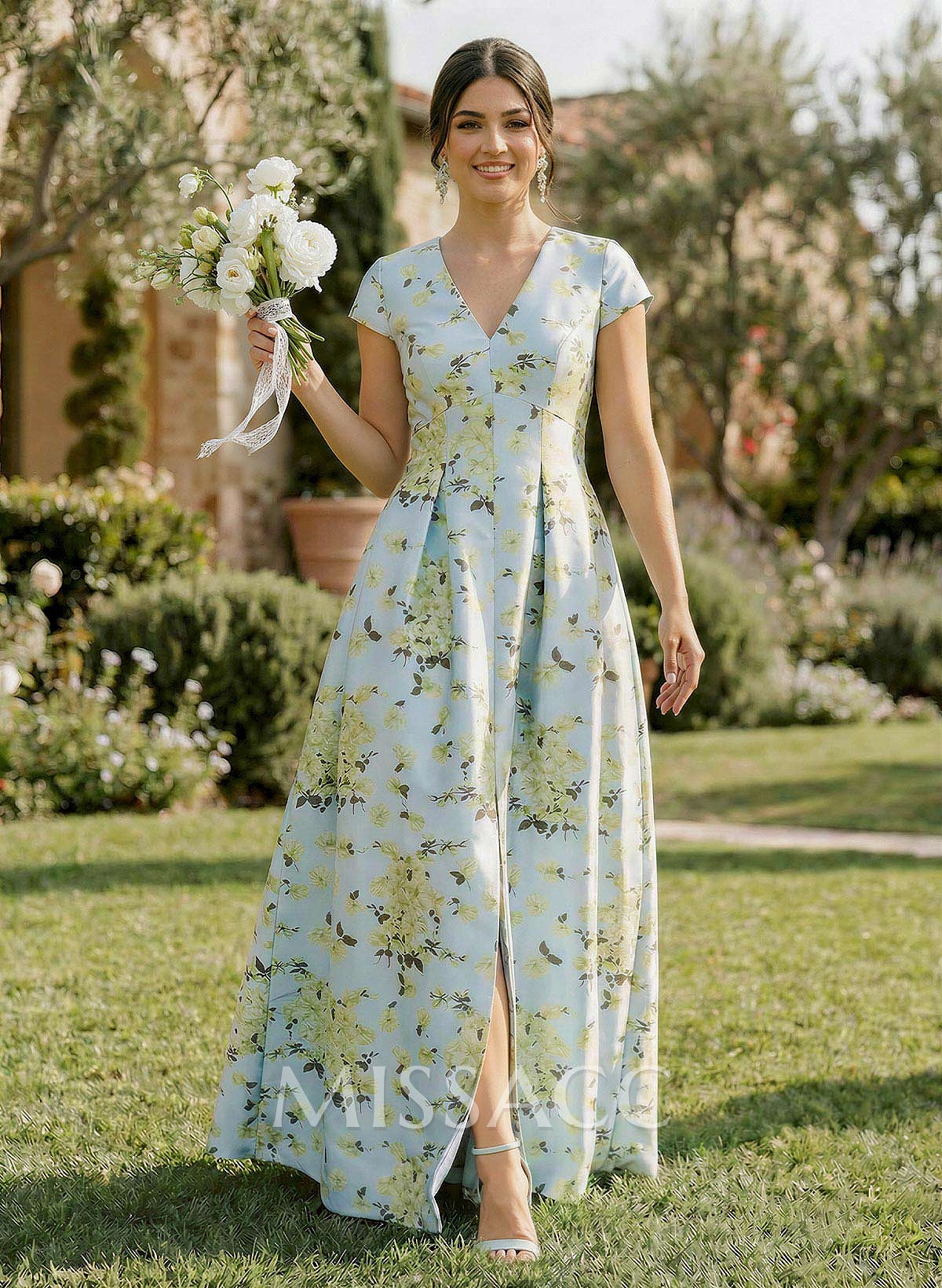 A-Line Plunge Neck Sleeveless Floor-Length Satin Bridesmaid Dresses