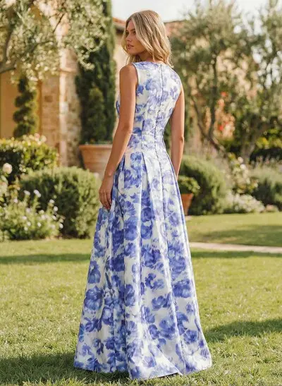 A-Line Plunge Neck Sleeveless Floor-Length Satin Evening Dresses With High Split/Floral-Print