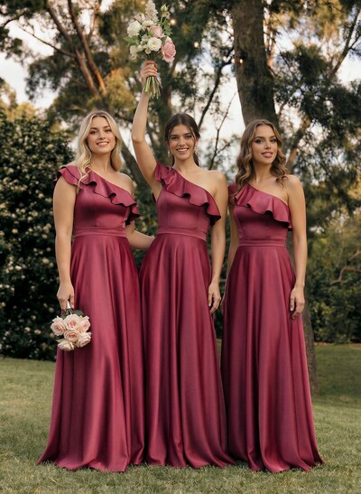 Ruffle One-Shoulder Sleeveless A-Line Floor-Length Satin Bridesmaid Dresses