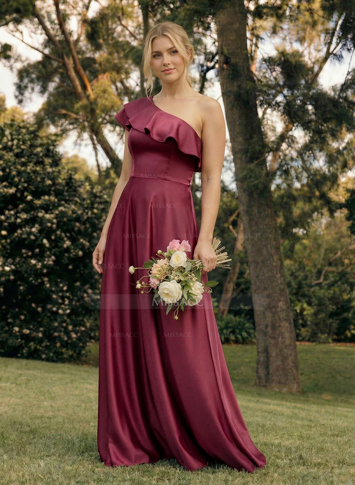 Ruffle One-Shoulder Sleeveless A-Line Floor-Length Satin Bridesmaid Dresses