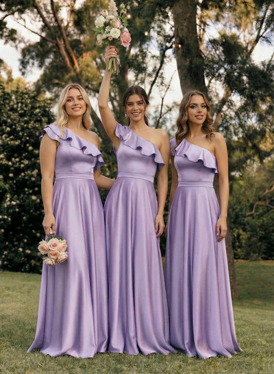 Ruffle One-Shoulder Sleeveless A-Line Floor-Length Satin Bridesmaid Dresses