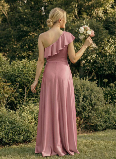 Ruffle One-Shoulder Sleeveless A-Line Floor-Length Satin Bridesmaid Dresses