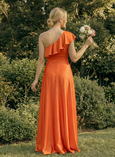 Ruffle One-Shoulder Sleeveless A-Line Floor-Length Satin Bridesmaid Dresses
