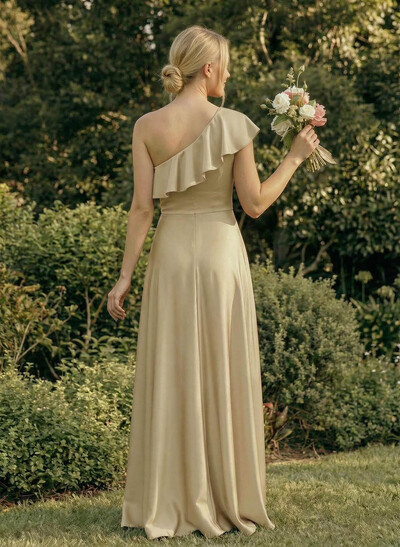 Ruffle One-Shoulder Sleeveless A-Line Floor-Length Satin Bridesmaid Dresses