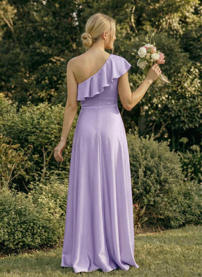 Ruffle One-Shoulder Sleeveless A-Line Floor-Length Satin Bridesmaid Dresses