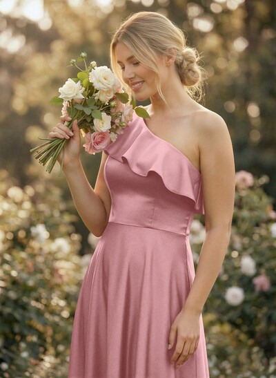 Ruffle One-Shoulder Sleeveless A-Line Floor-Length Satin Bridesmaid Dresses