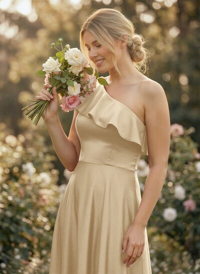 Ruffle One-Shoulder Sleeveless A-Line Floor-Length Satin Bridesmaid Dresses