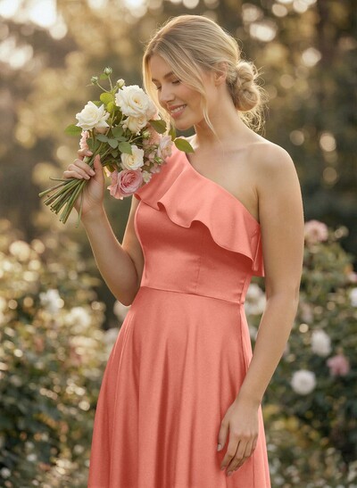 Ruffle One-Shoulder Sleeveless A-Line Floor-Length Satin Bridesmaid Dresses