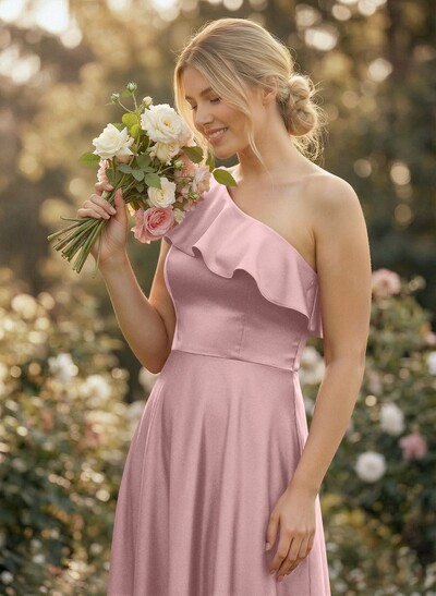 Ruffle One-Shoulder Sleeveless A-Line Floor-Length Satin Bridesmaid Dresses