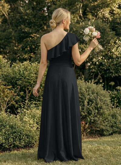 Ruffle One-Shoulder Sleeveless A-Line Floor-Length Satin Bridesmaid Dresses