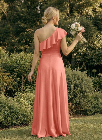 Ruffle One-Shoulder Sleeveless A-Line Floor-Length Satin Bridesmaid Dresses