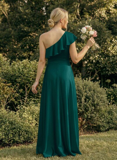 Ruffle One-Shoulder Sleeveless A-Line Floor-Length Satin Bridesmaid Dresses