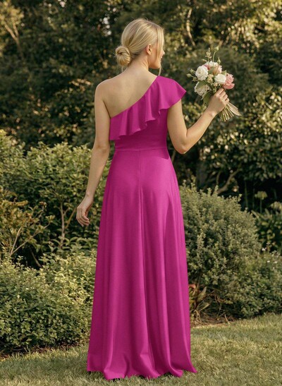 Ruffle One-Shoulder Sleeveless A-Line Floor-Length Satin Bridesmaid Dresses