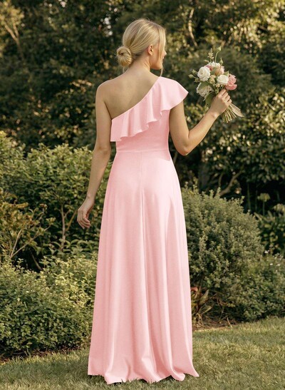 Ruffle One-Shoulder Sleeveless A-Line Floor-Length Satin Bridesmaid Dresses