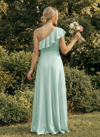 Ruffle One-Shoulder Sleeveless A-Line Floor-Length Satin Bridesmaid Dresses