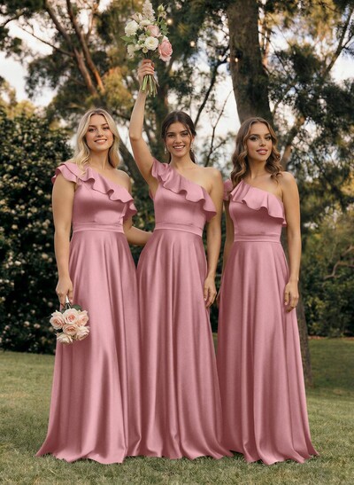 Ruffle One-Shoulder Sleeveless A-Line Floor-Length Satin Bridesmaid Dresses