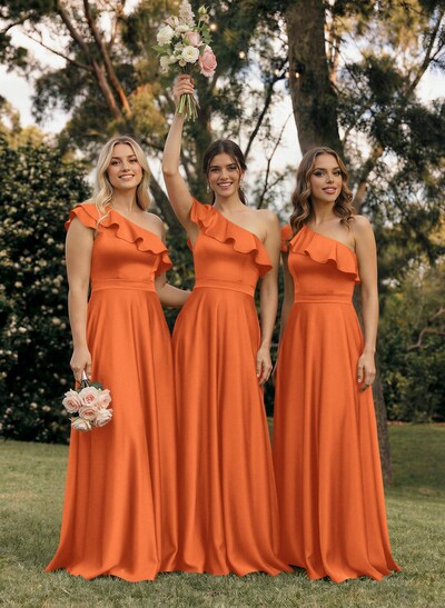 Ruffle One-Shoulder Sleeveless A-Line Floor-Length Satin Bridesmaid Dresses