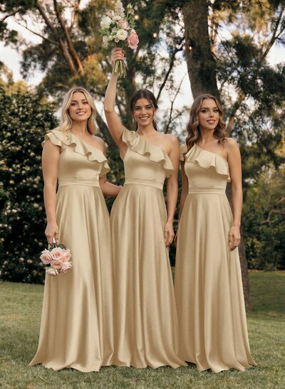 Ruffle One-Shoulder Sleeveless A-Line Floor-Length Satin Bridesmaid Dresses