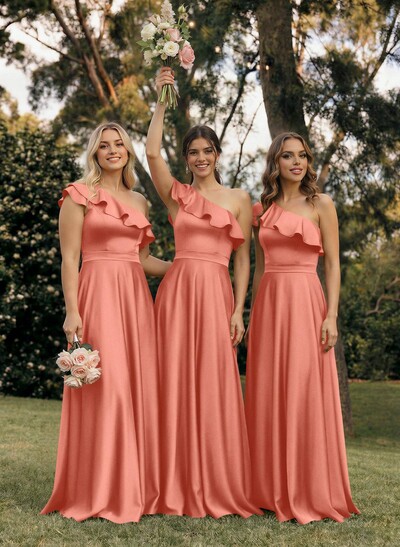 Ruffle One-Shoulder Sleeveless A-Line Floor-Length Satin Bridesmaid Dresses