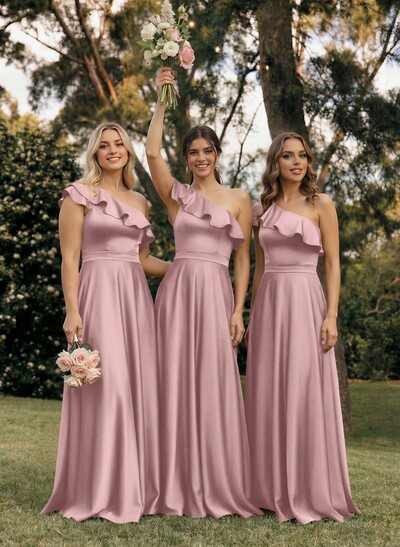 Ruffle One-Shoulder Sleeveless A-Line Floor-Length Satin Bridesmaid Dresses