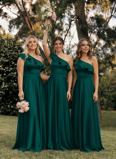 Ruffle One-Shoulder Sleeveless A-Line Floor-Length Satin Bridesmaid Dresses