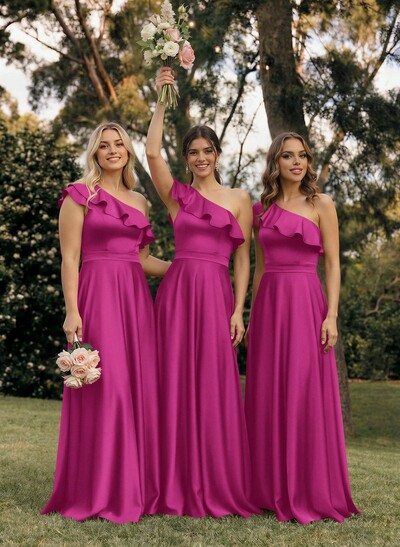 Ruffle One-Shoulder Sleeveless A-Line Floor-Length Satin Bridesmaid Dresses