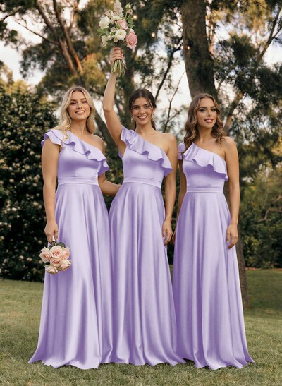 Ruffle One-Shoulder Sleeveless A-Line Floor-Length Satin Bridesmaid Dresses