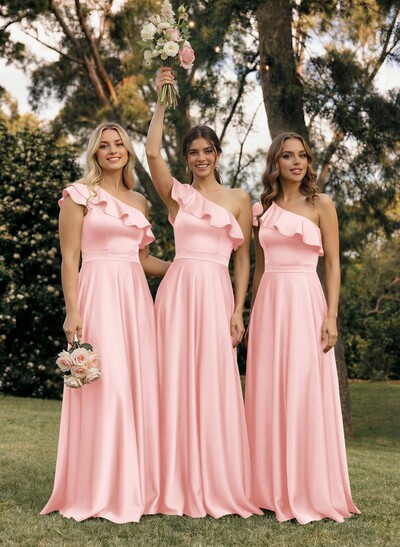 Ruffle One-Shoulder Sleeveless A-Line Floor-Length Satin Bridesmaid Dresses