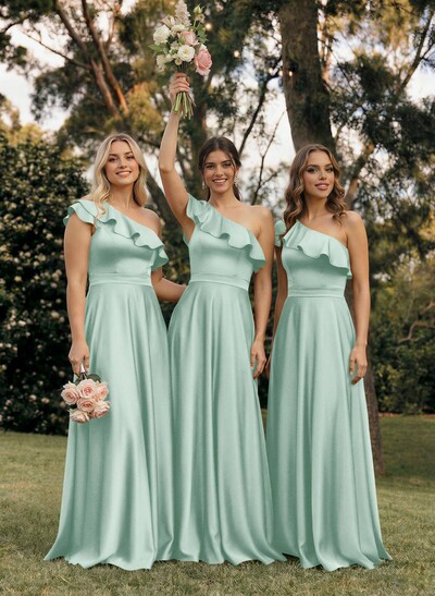 Ruffle One-Shoulder Sleeveless A-Line Floor-Length Satin Bridesmaid Dresses