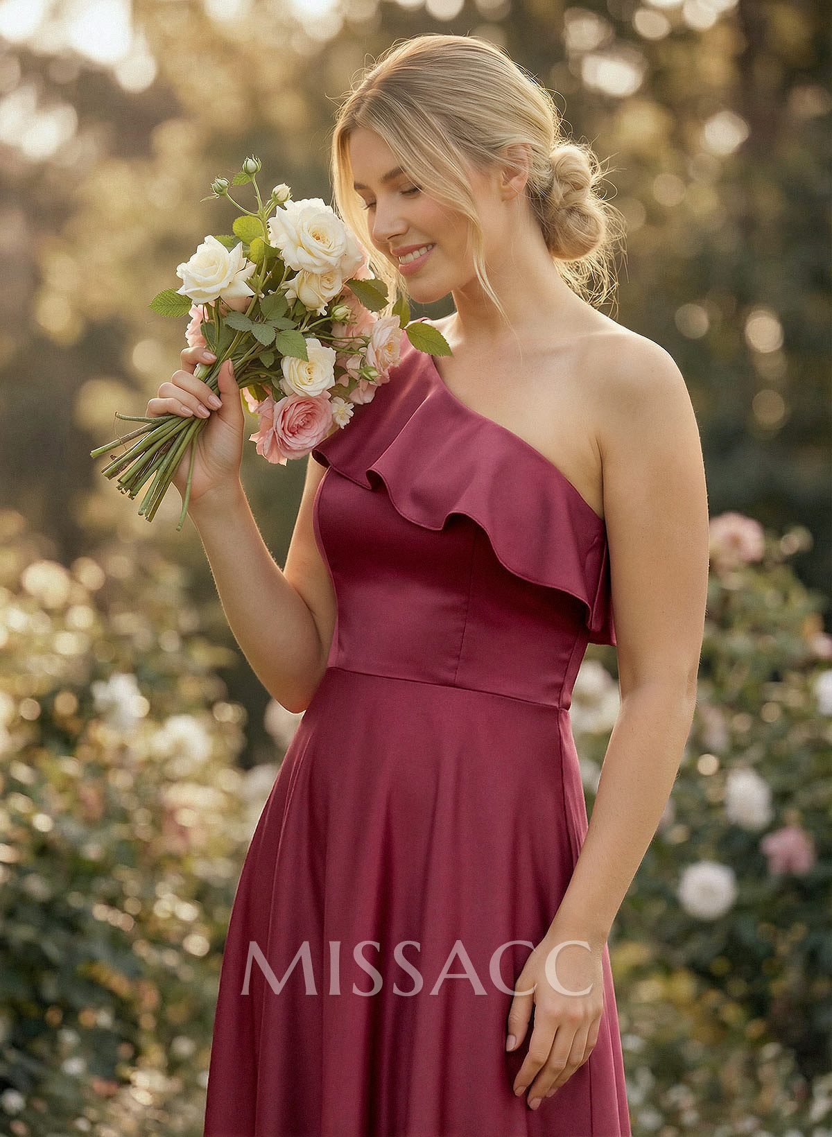 Ruffle One-Shoulder Sleeveless A-Line Floor-Length Satin Bridesmaid Dresses Ruffle One-Shoulder Sleeveless A-Line Floor-Length Satin Bridesmaid Dresses