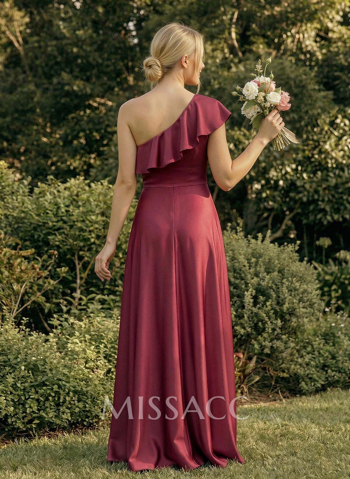 Ruffle One-Shoulder Sleeveless A-Line Floor-Length Satin Bridesmaid Dresses Ruffle One-Shoulder Sleeveless A-Line Floor-Length Satin Bridesmaid Dresses