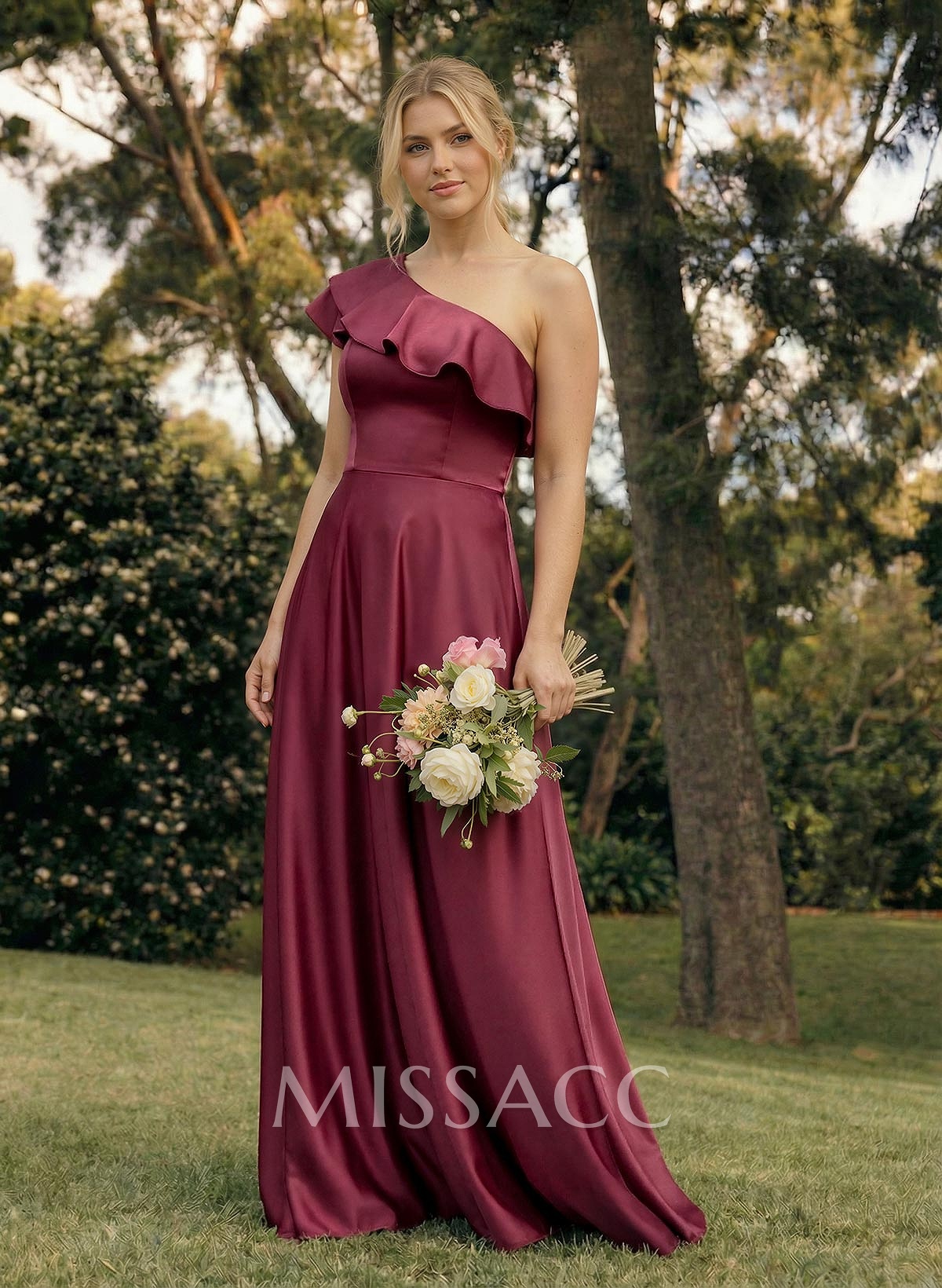 Ruffle One-Shoulder Sleeveless A-Line Floor-Length Satin Bridesmaid Dresses Ruffle One-Shoulder Sleeveless A-Line Floor-Length Satin Bridesmaid Dresses