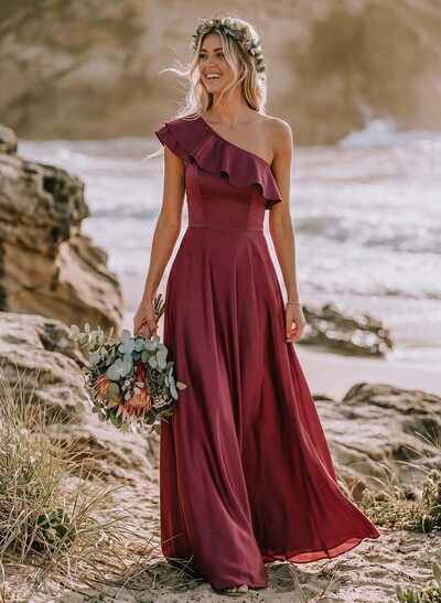 Ruffle One-Shoulder Sleeveless A-Line Floor-Length Satin Bridesmaid Dresses
