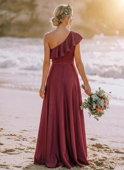 Ruffle One-Shoulder Sleeveless A-Line Floor-Length Satin Bridesmaid Dresses
