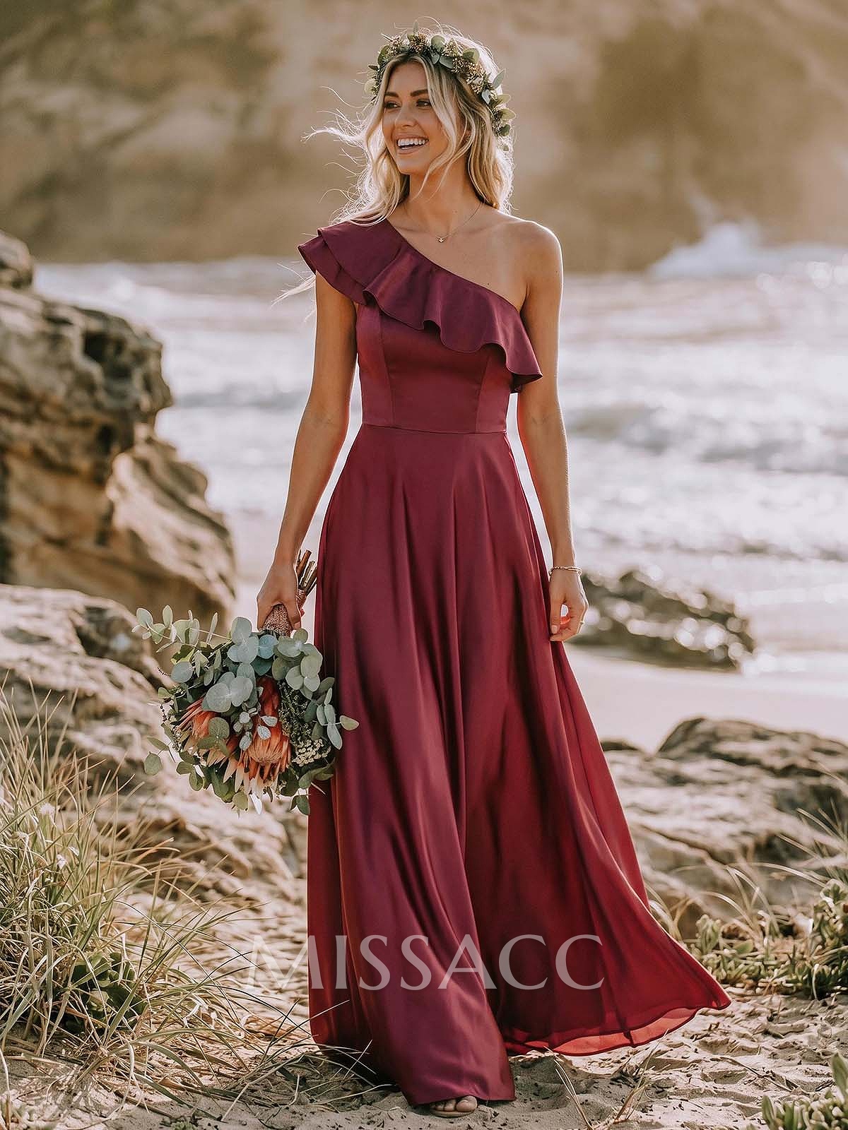 Ruffle One-Shoulder Sleeveless A-Line Floor-Length Satin Bridesmaid Dresses Ruffle One-Shoulder Sleeveless A-Line Floor-Length Satin Bridesmaid Dresses